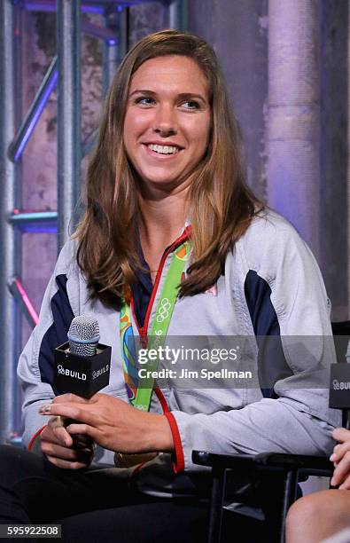 Olympic gold medalists Amanda Elmore from the gold medal winning Women's Eight Olympic Rowing Team attends the AOL Build Presents Gold Medal Winning...