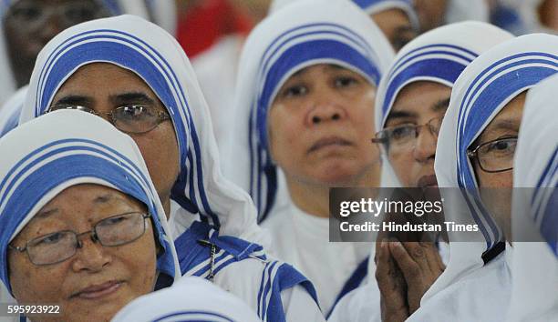 Sisters are in morning prayers on the occasion of Mother Teresa's 106th birth anniversary at Mother House on August 26, 2016 in Kolkata, India.