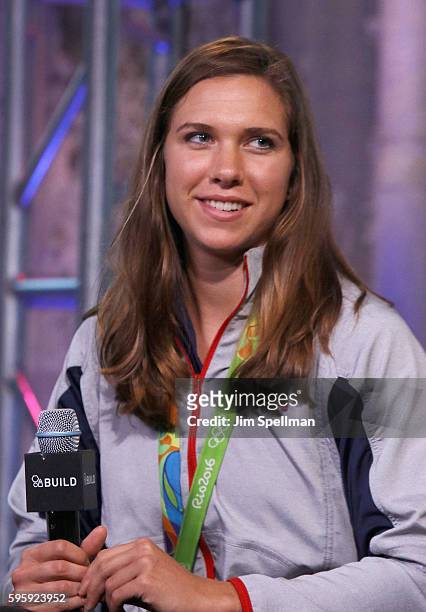 Olympic gold medalists Amanda Elmore from the gold medal winning Women's Eight Olympic Rowing Team attends the AOL Build Presents Gold Medal Winning...