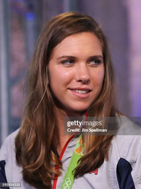 Olympic gold medalists Amanda Elmore from the gold medal winning Women's Eight Olympic Rowing Team attends the AOL Build Presents Gold Medal Winning...