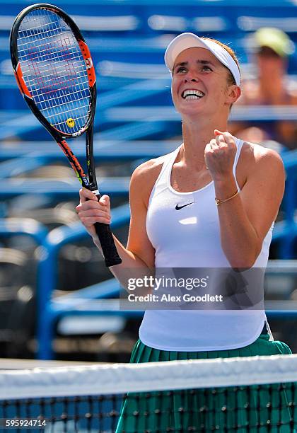 Elina Svitolina of Ukraine celebrates after defeating Johanna Larsson of Sweden on day 6 of the Connecticut Open at the Connecticut Tennis Center at...