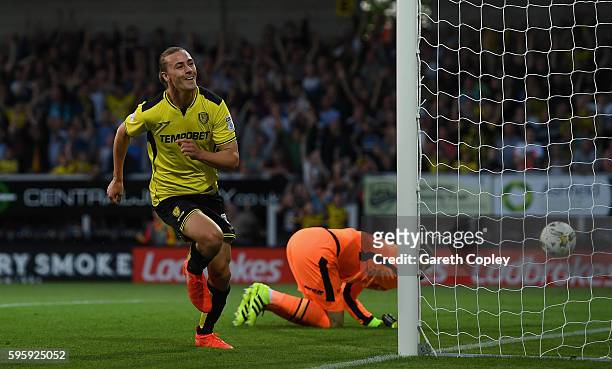Jackson Irvine of Burton celebrates scoring the opening goal during the Sky Bet Championship match between Burton Albion and Derby County at Pirelli...