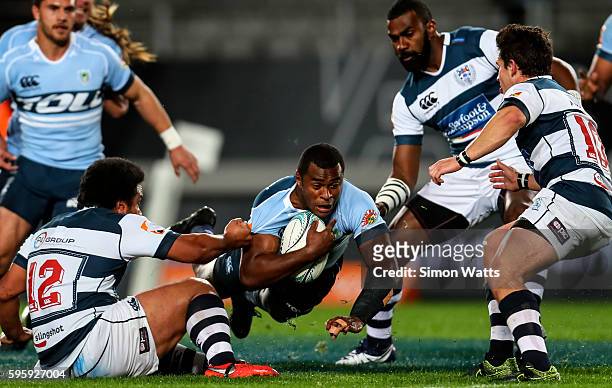 Jone Macilai of Northlandis tackled during the round two Mitre 10 Cup match between Auckland and Northland at Eden Park on August 26, 2016 in...