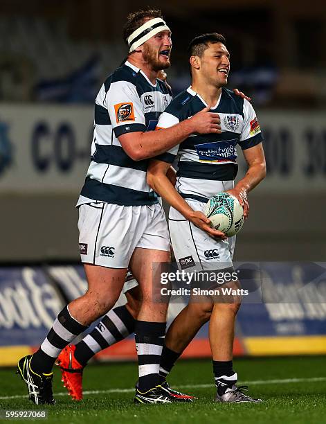 Sam Prattley and Pryor Collier of Auckland celebrate a try during the round two Mitre 10 Cup match between Auckland and Northland at Eden Park on...