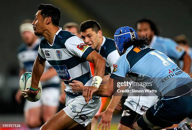 Melani Nanai of Auckland offloads the ball during the round two Mitre 10 Cup match between Auckland and Northland at Eden Park on August 26, 2016 in...