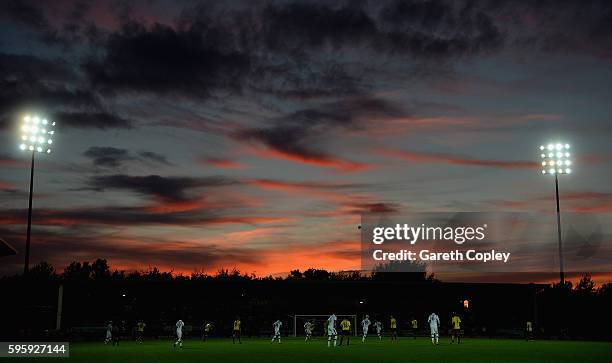 The play as the sunsets during the Sky Bet Championship match between Burton Albion and Derby County at Pirelli Stadium on August 26, 2016 in...