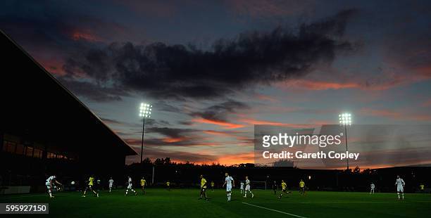 The play as the sunsets during the Sky Bet Championship match between Burton Albion and Derby County at Pirelli Stadium on August 26, 2016 in...