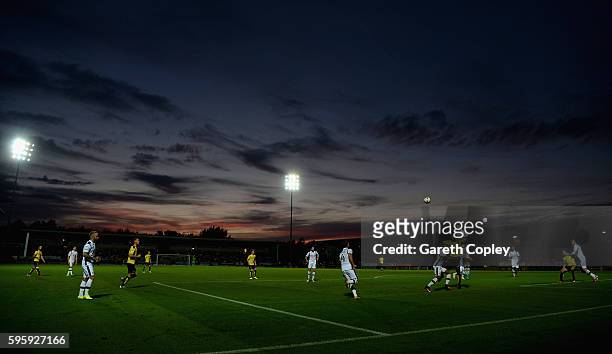 The play as the sunsets during the Sky Bet Championship match between Burton Albion and Derby County at Pirelli Stadium on August 26, 2016 in...