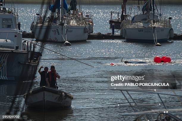 Whale is removed from the water in Montevideo on August 26, 2016. The whale died after being in the throes of death for three days in Buceo port. /...