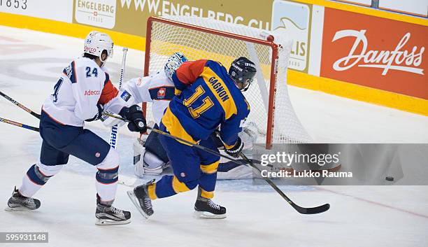 Aaron Gagnon of Lukko Rauma misses the net during the Champions Hockey League match between Lukko Rauma and ZSC Lions Zurich at Kivikylan Areena on...