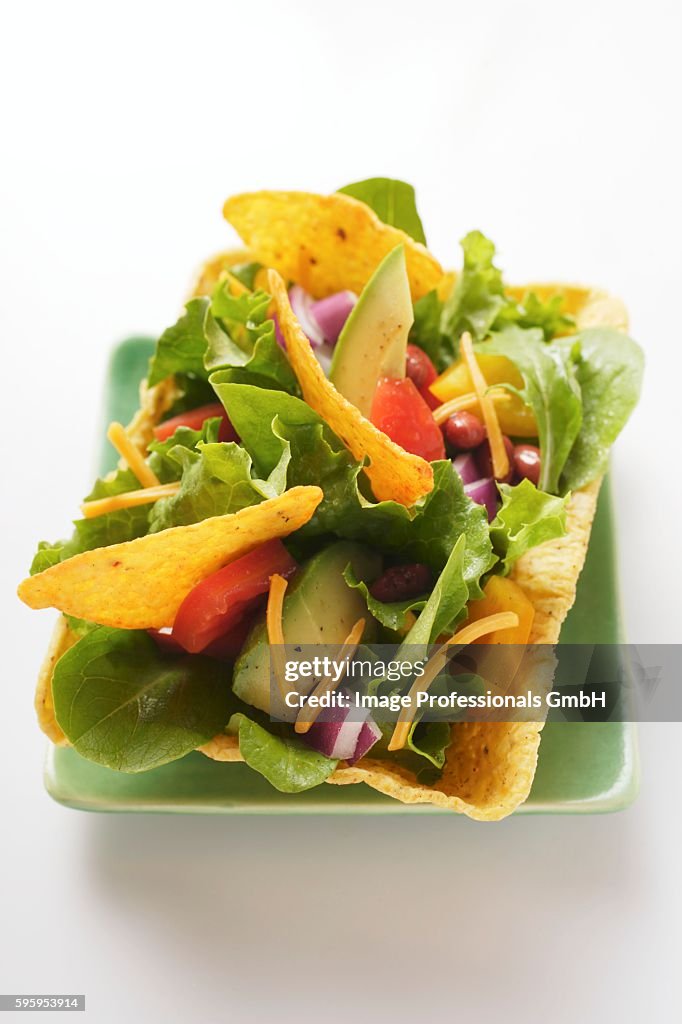 Mexican salad with vegetables and taco chips in taco shell