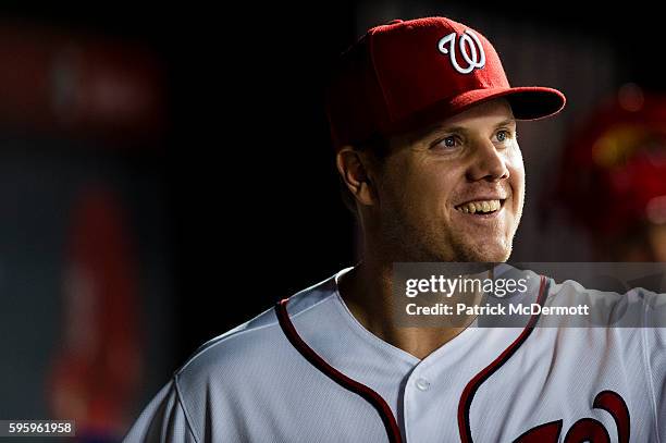 Jonathan Papelbon of the Washington Nationals looks on from the dugout during a MLB baseball game against the New York Mets at Nationals Park on June...