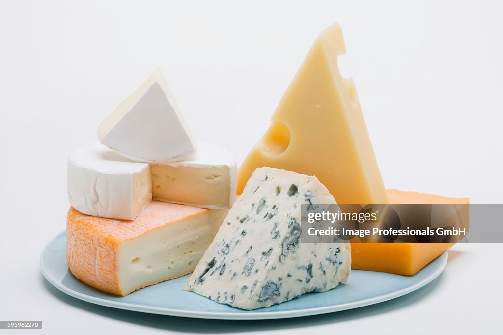 Cheese plate with hard cheese, blue cheese and soft cheese