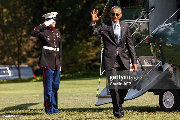 President Barack Obama arrives at The White House on August 26, 2016 in Washington DC. Obama visited wounded service members at Walter Reed National...