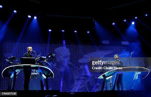 Guy Lawrence and Howard Lawrence of Disclosure perform at Richfield Avenue on August 26, 2016 in Reading, England.