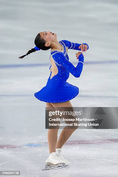 Ellen Yu of Norway competes during the junior ladies free skating on day two of the ISU Junior Grand Prix of Figure Skating on August 26, 2016 in...