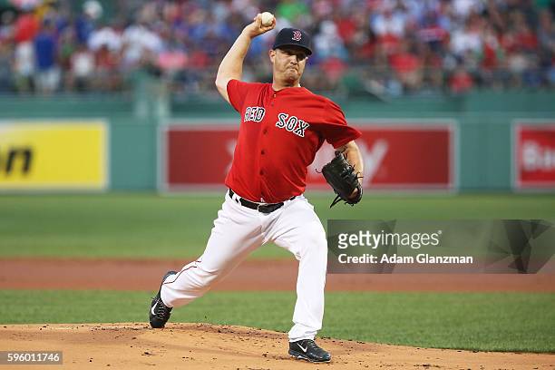Steven Wright of the Boston Red Sox delivers in the first inning during a game against the Kansas City Royals on August 26, 2016 at Fenway Park in...