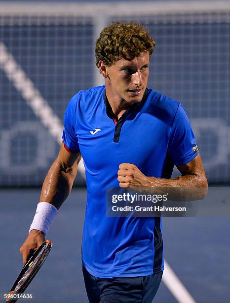 Pablo Carreno Busta of Spain reacts during his win against John Millman of Australia in the semifinals of the Winston-Salem Open at Wake Forest...