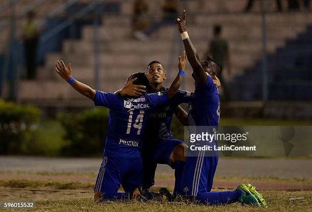 Holger Matamoros of Emelec celebrates after scoring the second goal of his team during a match between Emelec and Deportivo Cuenca as part of...