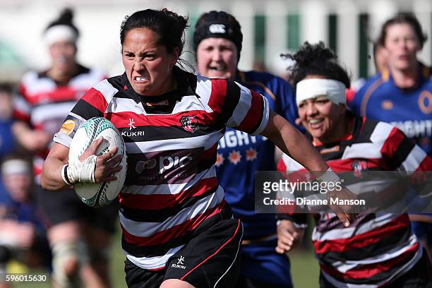 Aroha Savage of Counties Manukau on the charge during the round four Farah Palmer Cup match between Otago and Counties Manukau at University Oval on...
