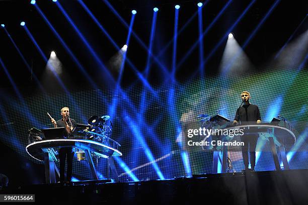 Guy Lawrence and Howard Lawrence of Disclosure perform on stage during Day 1 of the ReadingFestival at Richfield Avenue on August 26, 2016 in...