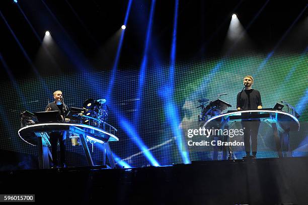 Guy Lawrence and Howard Lawrence of Disclosure perform on stage during Day 1 of the ReadingFestival at Richfield Avenue on August 26, 2016 in...