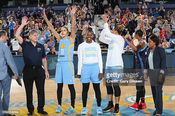 Elena Delle Donne and Clarissa Dos Santos of the Chicago Sky wave to the crowd before the game against the Atlanta Dream on August 26, 2016 at the...