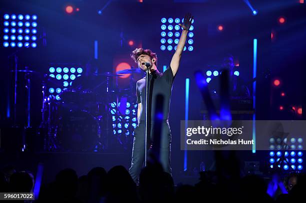 Singer Nathan Sykes performs onstage during an MTV VMA concert featuring Cash Cash, Nathan Sykes, and very special guest, Flo Rida presented by Time...