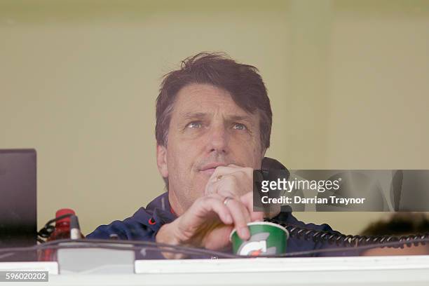 Paul Roos, Senior Coach of the Demons looks on during the round 23 AFL match between the Geelong Cats and the Melbourne Demons at Simonds Stadium on...