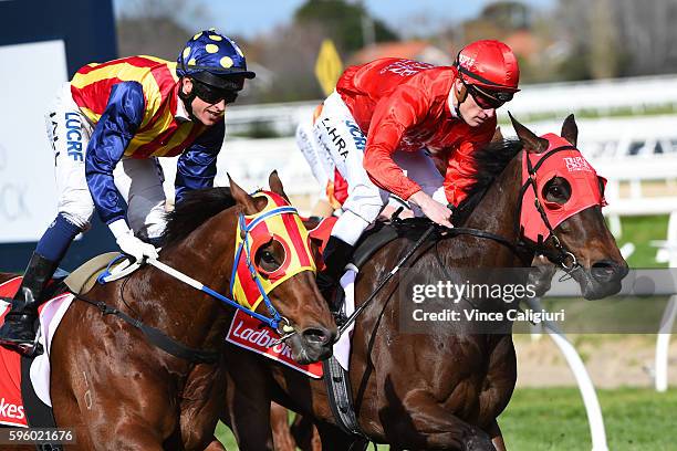 Mark Zahra riding Redzel defeats Nicholas Hall riding Under the Louvre in Race 5, The Resimax Stakes during Melbourne Racing at Caulfield Racecourse...