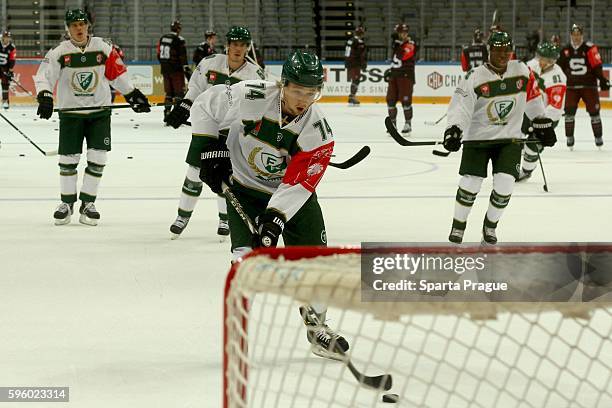 Farjestad Karlsbad players warm up during the Champions Hockey League match between Sparta Prague and Farjestad Karlstad at o2 Arena Prague on August...