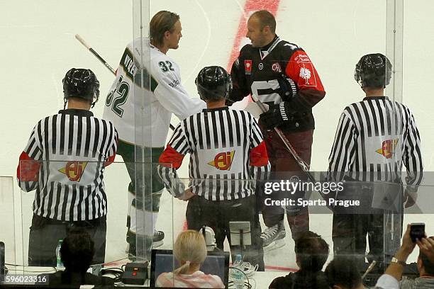 Pregame shake hands between Jaroslav Hlinka of HC Sparta Prague and Magnus Nygren of Farjestad Karlstad before the Champions Hockey League match...