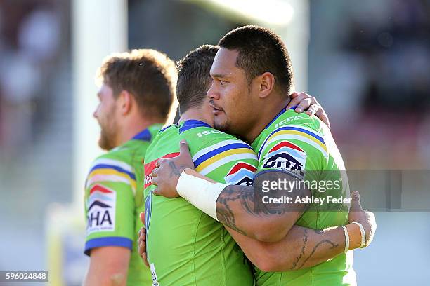 Joseph Leilua celebrates with his team during the round 25 NRL match between the Manly Sea Eagles and the Canberra Raiders at Brookvale Oval on...