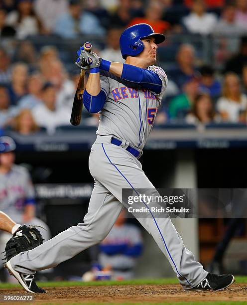 Kelly Johnson of the New York Mets in action against the New York Yankees during a game at Yankee Stadium on August 4, 2016 in the Bronx borough of...