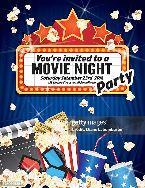 stockillustraties, clipart, cartoons en iconen met movie night party invitation template with curtain and film - nacht