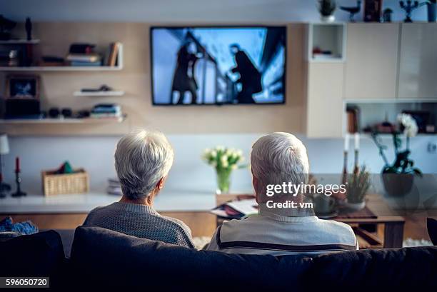 rear view of unrecognizable senior couple looking television - parte de uma série imagens e fotografias de stock