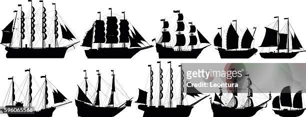 highly detailed old ships - sailboat silhouette stock illustrations