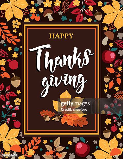 happy thanksgiving - herbsthintergrund mit blättern, pilzen und äpfeln - happy thanksgiving card stock-grafiken, -clipart, -cartoons und -symbole