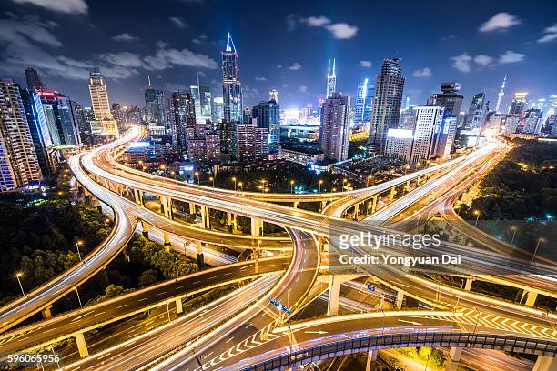 shanghai highway at night - china bridge stock pictures, royalty-free photos & images