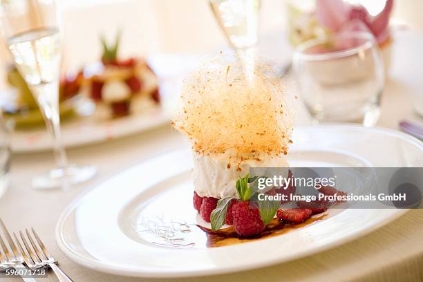 biancomangiare lamponi e zucchero filato (milk pudding with raspberries and spun sugar) - champagne flute milk stock pictures, royalty-free photos & images