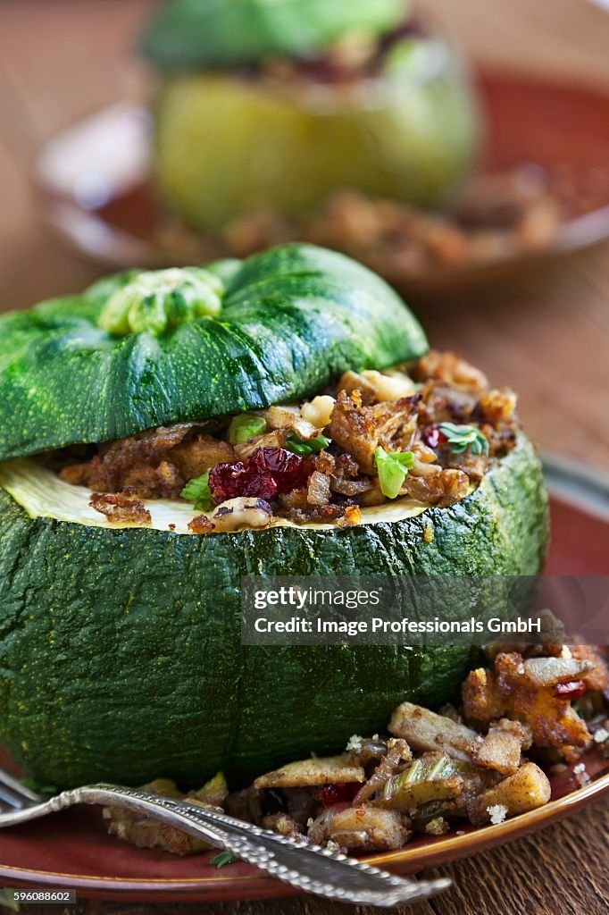 Acorn Squash Stuffed with Dried Cranberry, Apple Cinnamon and Corn Muffin Stuffing