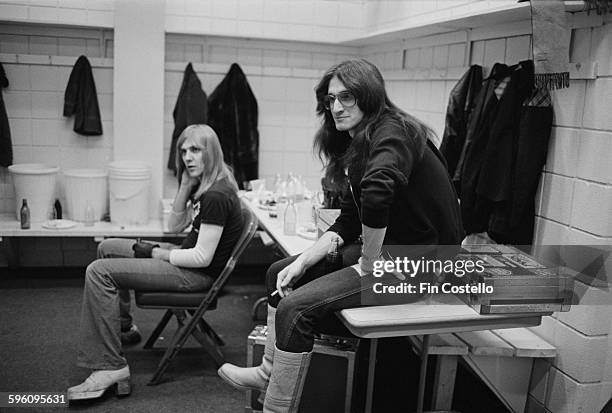 Guitarist Alex Lifeson and bassist Geddy Lee, of Canadian progressive rock group, Rush, backstage at the Civic Center in Springfield, Massachusetts,...