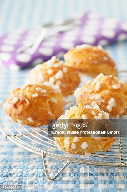 chouquettes with sugar crystals on a cooling rack - chouquettes stock-fotos und bilder