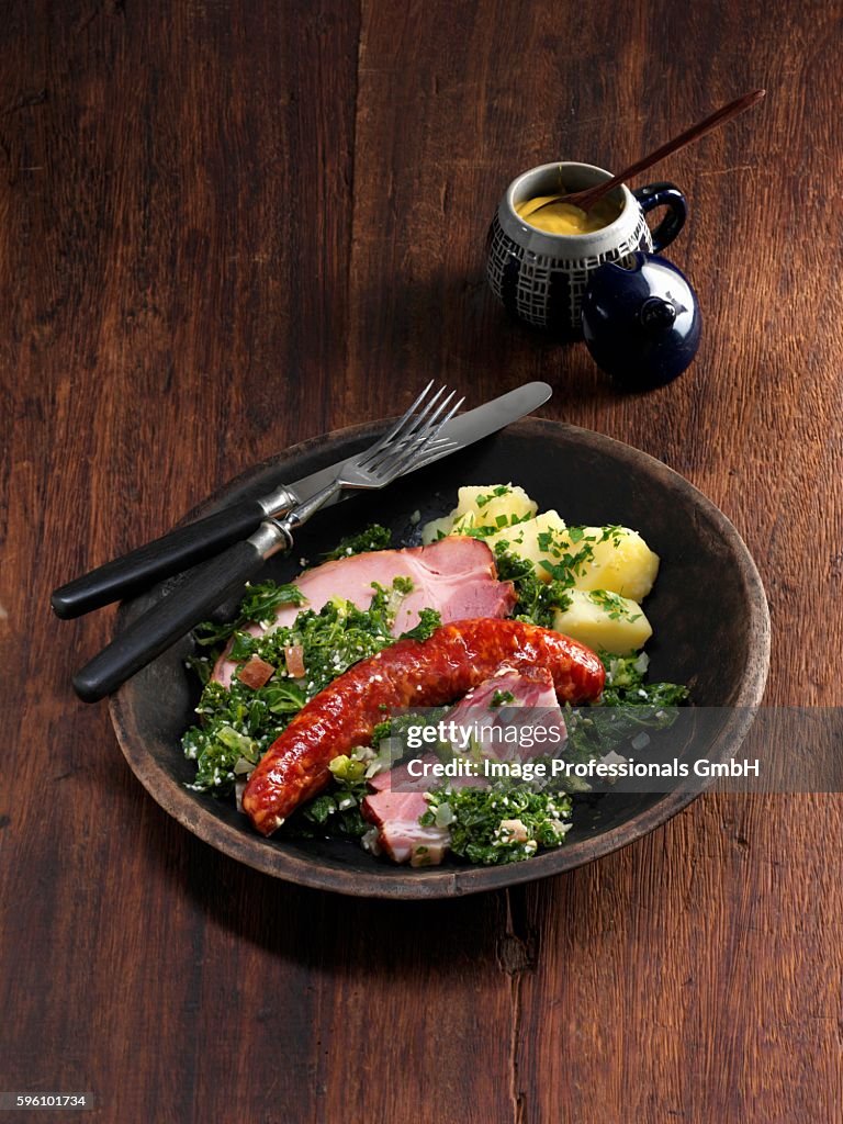Kale with Kasseler (salted pork) and Pinkel (smoked sausage from bacon, groats and spices)