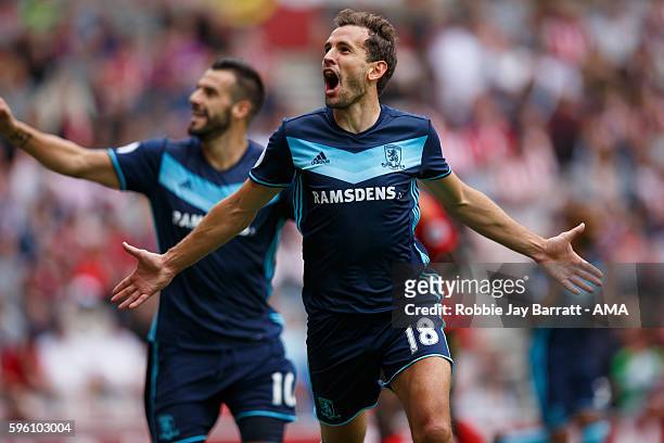 Cristhian Stuani of Middlesbrough celebrates after scoring a goal to make it 0-1 during the Premier League match between Sunderland and Middlesbrough...