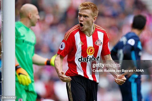 Duncan Watmore of Sunderland tries to get the fans going during the Premier League match between Sunderland and Middlesbrough at Stadium of Light on...