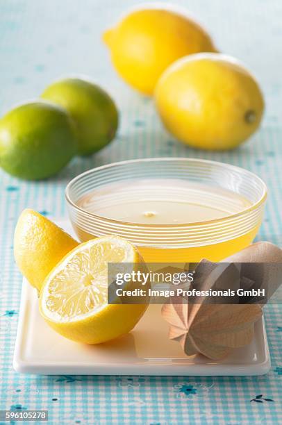 lemon juice in a small dish, a lemon squeezer and citrus fruit - zitronenpresse stock-fotos und bilder