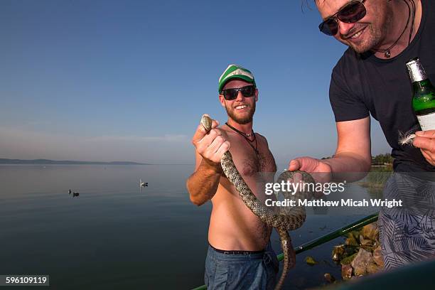 a man catches a sea snake, with friends. - snakes beard stock pictures, royalty-free photos & images