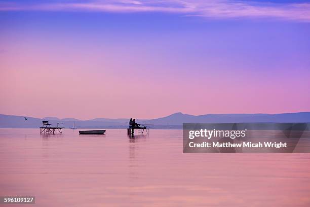 fisherman during sunset at lake balaton. - lake balaton stock pictures, royalty-free photos & images