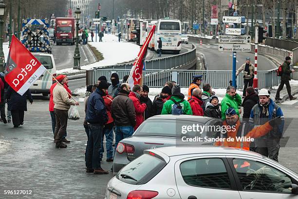 Brussels, Belgium 25 january 2013. 6 Busses with unionist came from Liege, Luik to Brusels today. Arcelor Mittal wants to fire 1200 people. The...